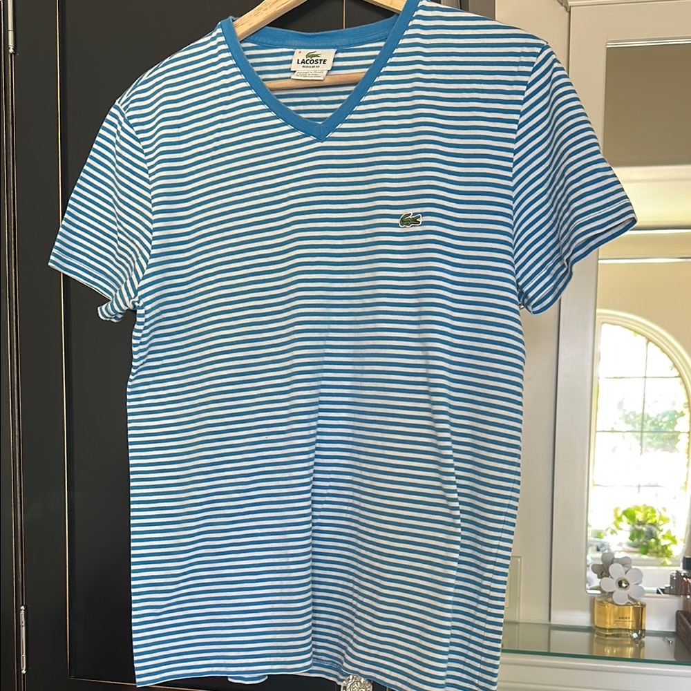 Lacoste Blue and White Striped Short Sleeve Tee